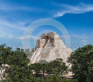 Mayan pyramid (Pyramid of the Magician, Adivino) in Uxmal, Mexic