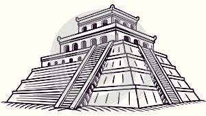 Mayan Pyramid Sketch, Ancient Architecture Drawing, vector design Generative AI