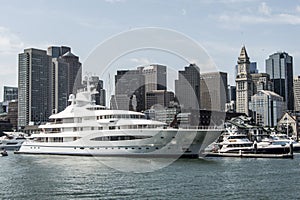 Boston MA USA 05.09.2017 Mayan Queen Yacht sailing boats on Charles River in front of Boston Skyline on sunny summer day