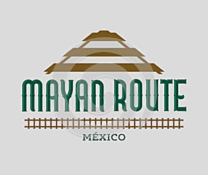 Mayan Route Mexico, piramid and Train lines destination emblem