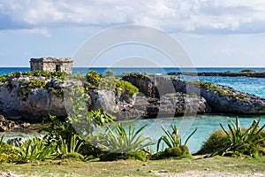 Mayan ruins in Riviera Maya, Cancun, Mexico. Landscape. Blue sky background.