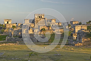 Mayan ruins of Ruinas de Tulum (Tulum Ruins) in Quintana Roo, Mexico. El Castillo is pictured in Mayan ruin in the Yucatan