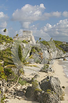 Mayan ruins of Ruinas de Tulum (Tulum Ruins) in Quintana Roo, Mexico. El Castillo is pictured in Mayan ruin in the Yucatan