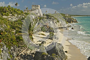 Mayan ruins of Ruinas de Tulum (Tulum Ruins) in Quintana Roo, Mexico. El Castillo is pictured in Mayan ruin in the Yucatan photo