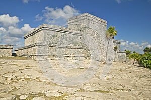 Mayan ruins of Ruinas de Tulum (Tulum Ruins) in Quintana Roo, Yucatan Peninsula, Mexico. El Castillo is pictured in the background