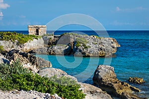 Mayan ruins at tropical coast. Landscape. Seaside. Quintana Roo, Mexico, Cancun, Riviera Maya