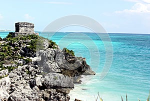 Mayan structure & carribean sea photo