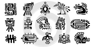Mayan symbols. Ancient civilization religious totem characters, monochrome icons of mexican indian aztec inca indigenous