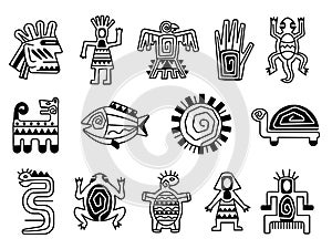 Mayan totem symbols, tattoo ethnic signs. Ornate aztec mythology, mexican indian or inca mythological tradition decent