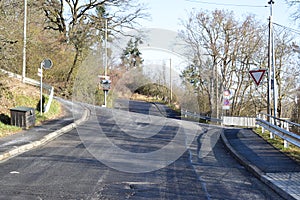 Mayen, Germany - 02 13 2022: steep crossroad in town, near highschool