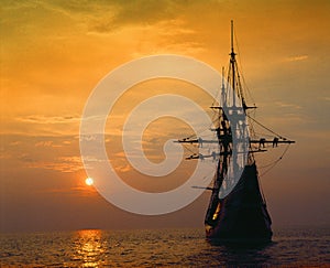 Mayflower II replica at deep red sunset, Massachusetts