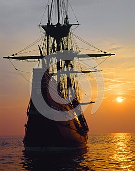 Mayflower II replica at sunset,