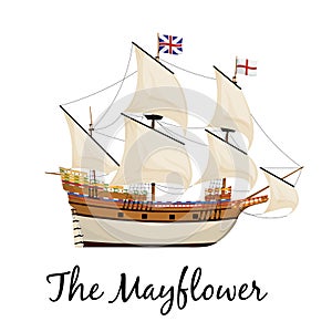 The Mayflower ship. Pilgrim ship. Cartoon vector illustration