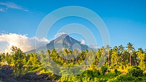 Mayon Volcano is an active stratovolcano in the province of Albay in Bicol Region, on the island of Luzon in the photo