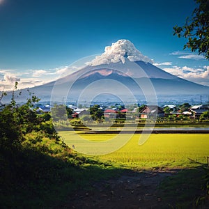 The Mayon volcano in Legazpi City Philippines has a rice field and hut house.