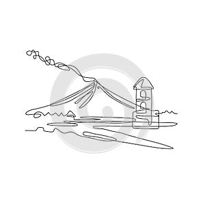 Mayon Volcano or Mount Mayon with Cagsawa Church Bell Tower Ruins Continuous Line Drawing photo