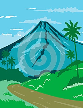 Mayon Volcano or Mount Mayon in the Province of Albay in Bicol Philippines WPA Poster Art Color