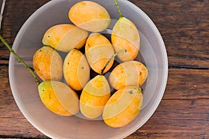 Mayongchid or Plum Mango on wooden table , Sweet yellow Marian plum