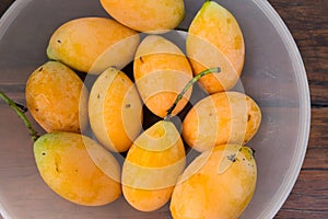 Mayongchid or Plum Mango on wooden table , Sweet yellow Marian plum