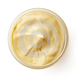 Mayonnaise in round dish on white background