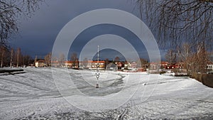 Maypole of Leksand in winter in Dalarna, Sweden photo