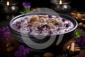 Mazamorra Morada, a visually enticing purple corn pudding adorned with spices, fruits, and nuts, inviting indulgence as a