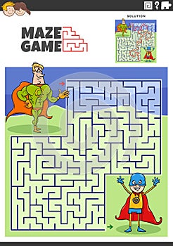 maze activity with cartoon superhero characters