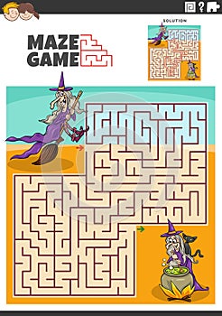 maze activity with two witches fantasy characters