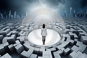 Maze Adventure: Business Woman Contemplates City View from Behind Enigmatic Perspective