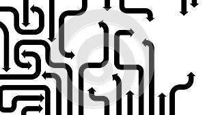 Maze of black arrows on white, 2d illustration