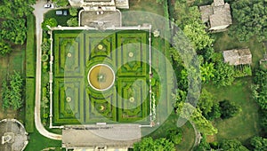 a maze of bushes in the botanical park-nature, a top view