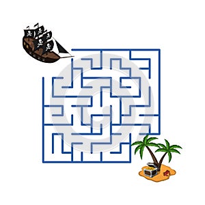 Maze in cartoon style. Pirate ship and treasure island. Children`s game labyrinth. Kids puzzle