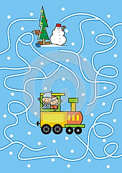 Maze, children at locootive and tree, bird and snowman