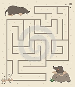 Maze for children. Preschool activity with mole digging the ground and going for worm.