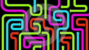 Maze of colorful arrows on black, 2d illustration