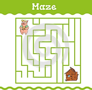 Maze Education games with three little pigs. Preschool or kindergarten worksheet. Vector illustration