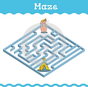 Maze Education games with three little pigs. Preschool or kindergarten worksheet. Vector illustration