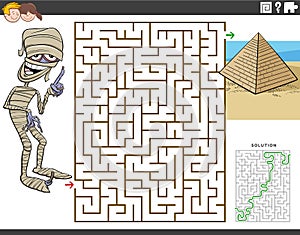 Maze educational game with cartoon mummy and pyramid