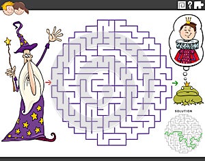 Maze educational game with cartoon wizard and frog prince