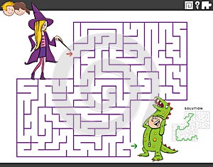 Maze educational game with girl and boy at costume party