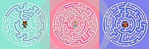 Maze entrance. Find right way, kids labyrinth game and choice mazes entrances letters. Lost way entrance rebus, maze destination