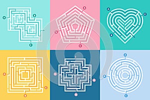 Maze entrance. Find right way, kids labyrinth game and choice mazes entrances letters vector illustration set photo