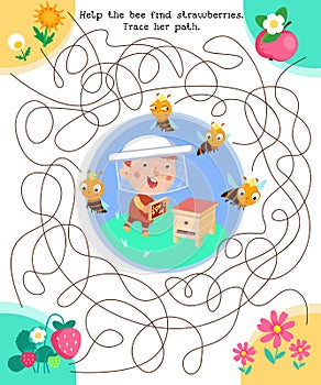 Maze game, activity for children. Cute beekeeper and bees near the beehive. Summer on farm. Vector illustration.