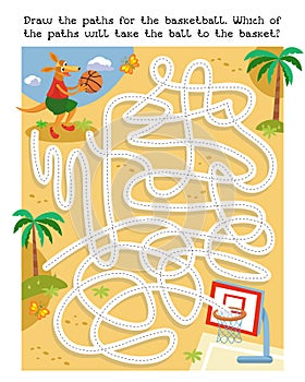 Maze game, activity for children. Draw paths for the ball. Which path will the ball take to get to the basket. Vector