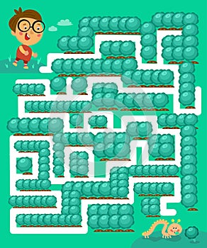 Maze game, activity for children. Game for kids. Help the boy catch the caterpillar in the cabbage garden. Vector