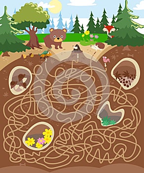 Maze game, activity for children. Vector illustration. Walk along the paths. Forest animals, life underground. Burrows