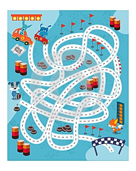 Maze game, activity for kids. Draw each path the racers will take. Which racer will win the competition. Vector