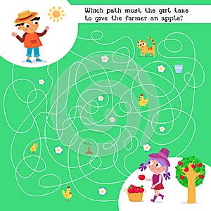 Maze game, activity for kids. Puzzle for children. Which path must the girl take to give the farmer an apple. Draw all