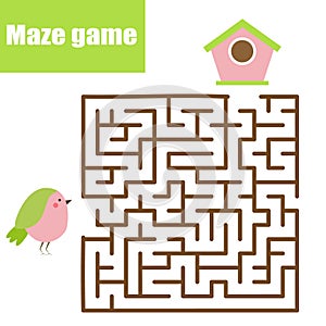 Maze game. Animals theme. Kids activity sheet. Help bird find birdhouse