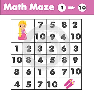 Maze game, animals theme. Kids activity sheet. Mathematics labyrinth with numbers. Counting from one to ten